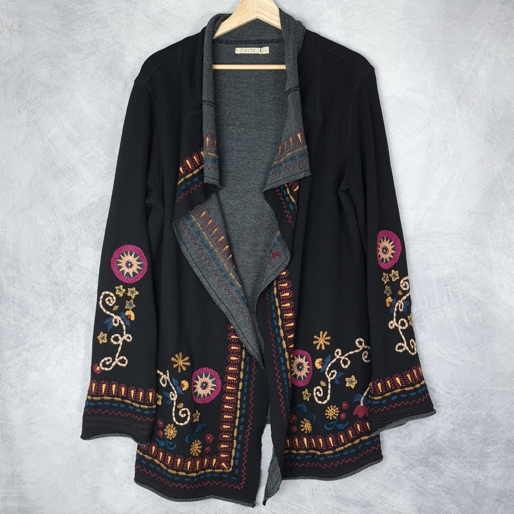 CAITE Embroidered Cardigan Womens Large Black Open Front Boho Hippy Soft Goth